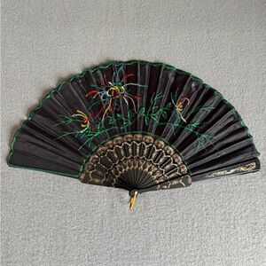 Black Embroidered Hand Fan with Floral Design